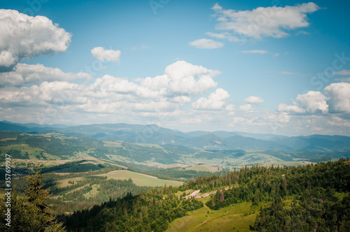 summer mountain landscape, forest, clouds