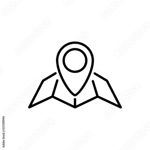 Concepto buscar dirección. Icono plano lineal mapa con puntero en color negro