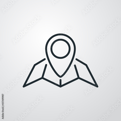 Concepto buscar dirección. Icono plano lineal mapa con puntero en fondo gris