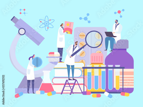 Scientist work in medical laboratory concept vector illustration. Healthcare pharmacy product research, pill, mixture under microscope and magnifying glass. Man woman character conduct chemical study.