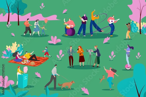 Musical group perform at park, vector illustration. People listen to instrumental song at nature, picnic and walking characters. Fun show with singer, guitarist, drummer and keyboard player.