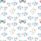 Seamless botanical pattern of watercolor butterflies and leaves on a white background. Art watercolor for design, packaging and printing.