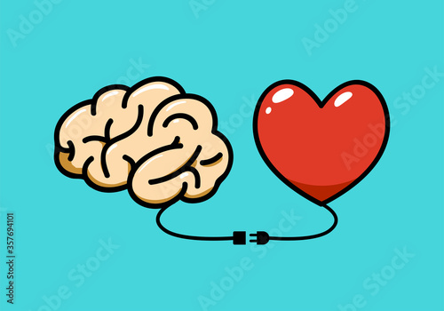 The Brain and the heart connected with a cable. Vector Illustration