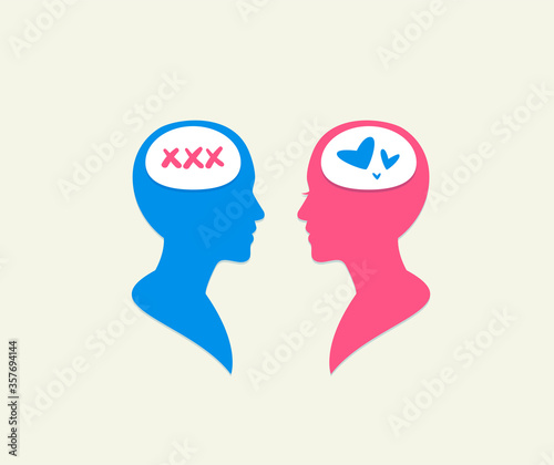 blue person thinks about xxx and pink person thinks about love.