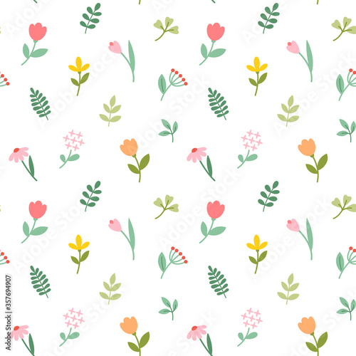 Seamless pattern with flat flowers and leaves on white background. Great for wallpapers, postcards, wrapping paper, fabric and others.
