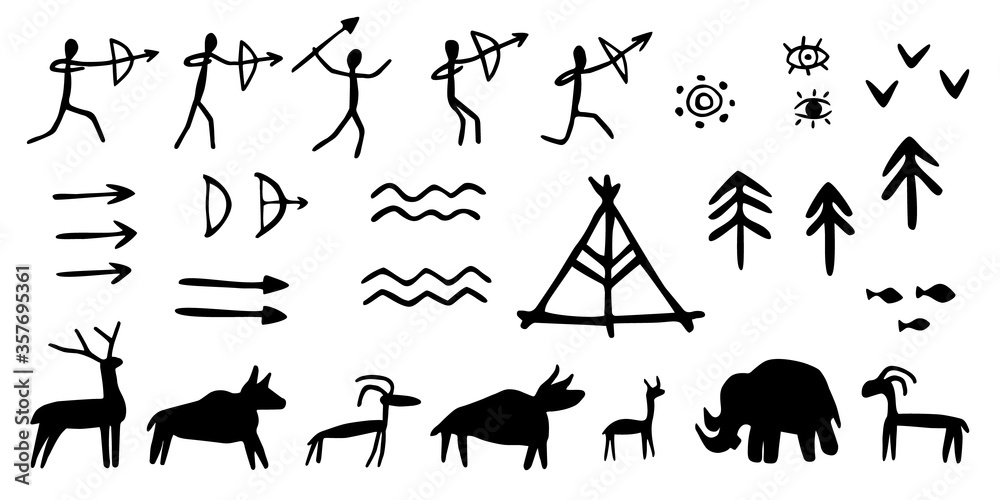 Vector Set Of Rock Paintings Of Prehistoric Humans Animals Weapons 1000 F 357695361 8BPGtIoLDAzfLxW1jdRM3TXWAKopGx9F