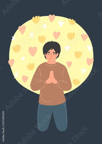 Praying man.Praying man. Happy guy with closed eyes sincerely prays on his knees. Religion, Christianity, faith concept. photo