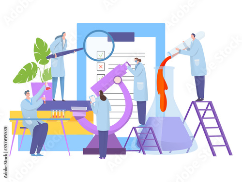 Analysis research in laboratory, vector illustration. Biology scientist character around large microscope, conduct experiment. Cartoon medical test, chemistry discovery and notes report.