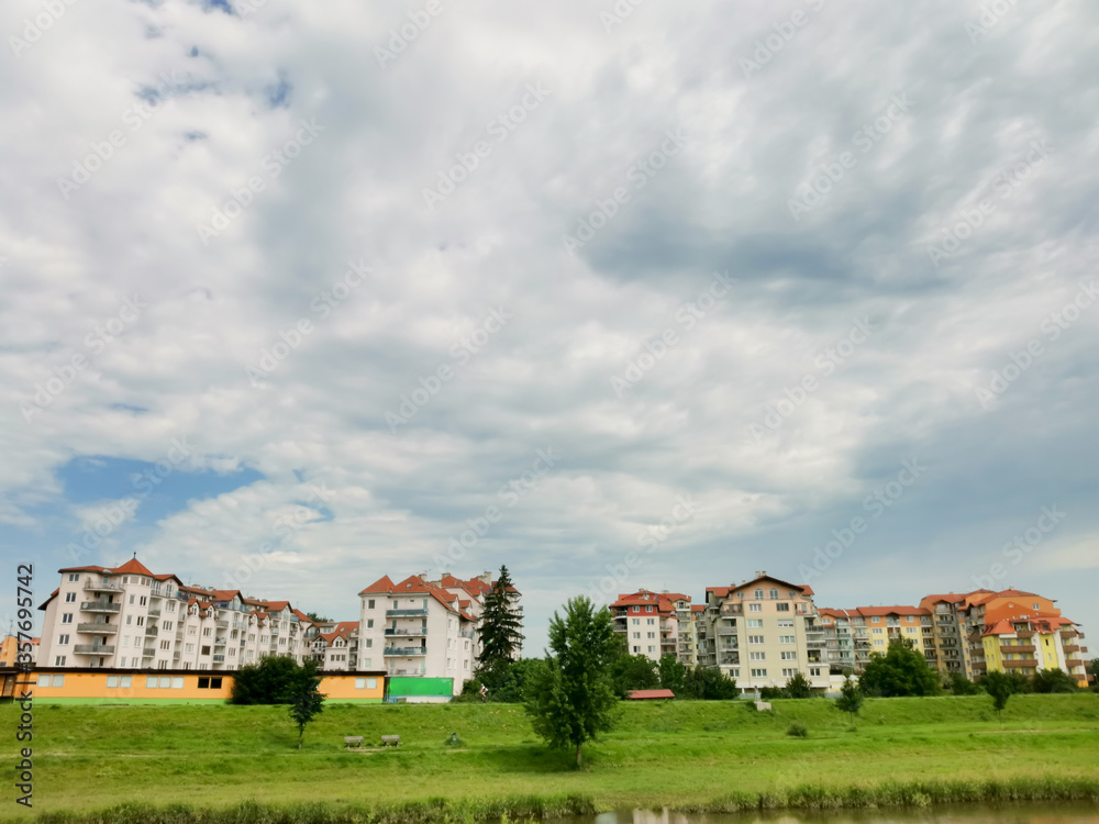 Czechia, Olomouc, Nove sady - buildings and bridge by the river Morava Czechia, Olomouc, Nove sady - buildings and bridge by the river Morava