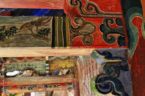 Dougong wooden brackets-traditional Chinese roof timber frame. Qianfo Grottoes-MatiSi Temple-Zhangye-Gansu-China-0945