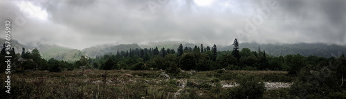 Panorama of a tourist camp at the foot of Mount Fisht
