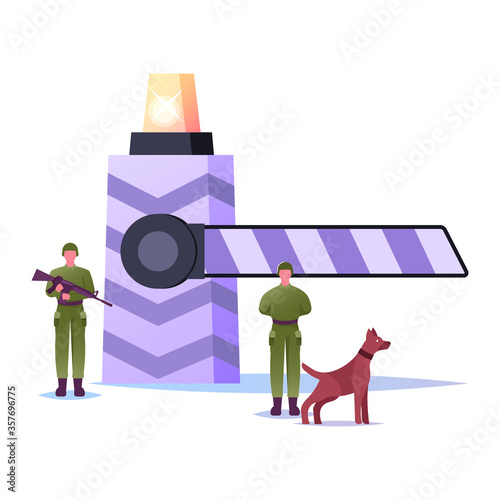 Border Guard Characters with Gun and Dog Protect Border from Illegal Immigrants and Refugees Stand at Stop Control with Barrier. Protection Police, Territory Patrol. Cartoon People Vector Illustration