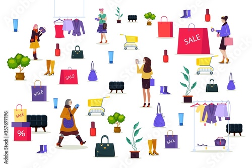 Customer people with smartphone in store, vector illustration. Flat woman character shopping, business shop elements. Packages, trolley, sale clothes on hangers, bags and cosmetics around buyer.