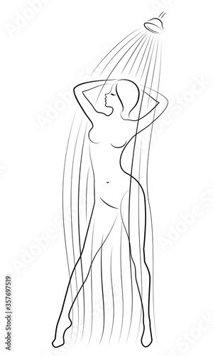Silhouette of a cute young lady. The girl washes in the shower. The woman has a slim beautiful figure. Vector illustration.