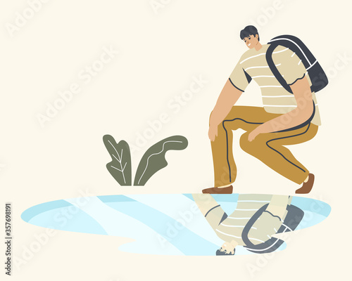 Young Man with Backpack Squat Looking on Reflection in Puddle on Ground after Rain. Male Character Smiling, Narcissism Self-assessment and Personal Appearance Concept. Linear Vector Illustration