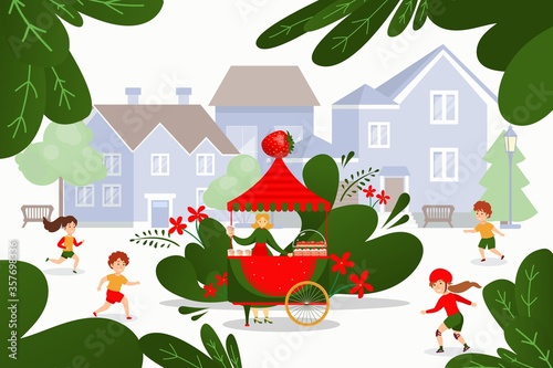 Strawberry dessert street food cart, vector illustration. Woman flat character sell yummy strawberry cakes and dish outdoor. Children run to buy delicious treats and eat testy snack at summer.