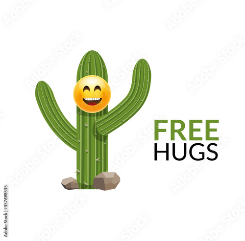 Cactus free hugs print illustration funny cute cartoon slogan. Cactus tree hug art design