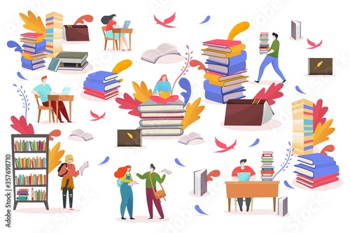 Students read book for education knowledge vector illustration. People character study in library, books stack and laptop. Man woman cartoon person learn university literature at desk, near bookshelf.