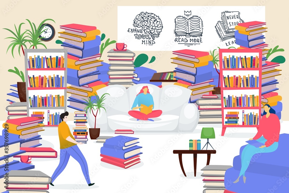 Student people get knowledge in creative library, vector illustration. Man woman character on couch read book, modern education. Get knowledge in comfortable flat room with bookshelf and sofa. Student people get knowledge in creative library, vector illustration. Man woman character on couch read book, modern education. Get knowledge in comfortable flat room with bookshelf and sofa.