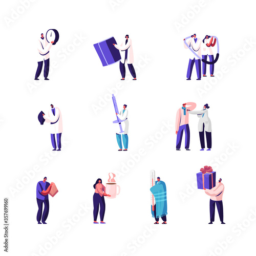 Set of Male and Female Characters Doctors and Patients. Tiny People with Huge Parts of Tonometer for Measuring Blood Pressure, Syringe and Stethoscope. Visit Sick Friend. Cartoon Vector Illustration