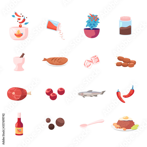 Set of Icons Food and Condiments Red Hot Chilli Pepper, Allspice, Mortar and Fried Fish, Ice Cubes, Meat on Skewers and Raw Meat, Spice Sauce, Spoon and Thai Rice Meal. Cartoon Vector Illustration