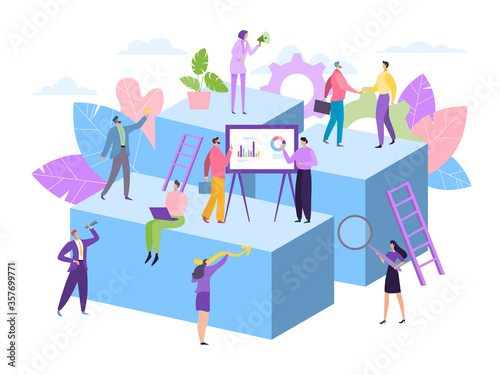 Business team work, assistant concept vector illustration. Flat woman man caharcter work together for idea success, assistance support. Creative company cooperation, different work types.
