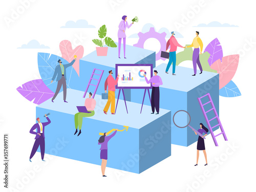 Business team work, assistant concept vector illustration. Flat woman man caharcter work together for idea success, assistance support. Creative company cooperation, different work types. photo