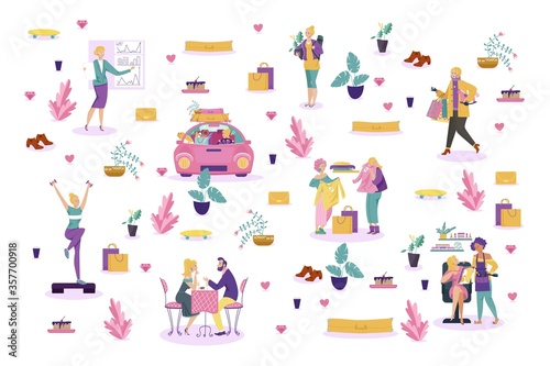 Woman daily routine  girl character lifestyle vector illustration. Everyday life activity  cartoon female people work  home and outdoor set. Young person happy day on white background.