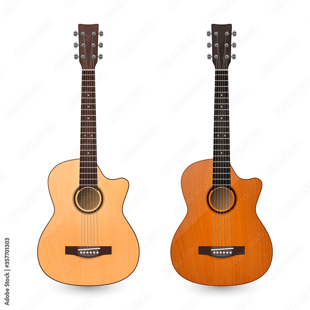 Obraz premium Vector 3d Realistic Classic Old Retro Acoustic Brown Wooden Guitar Icon Set Closeup Isolated on White Background. Design Templte, Mockup, Clipart. Musical Art Concept