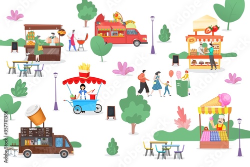 Fastfood cafe outdoor, vector illustration. Street food truck business at park, selling meal snack cartoon van. Man woman people character buy pizza, bbq, pastry, frnch fries, ice cream and coffee.