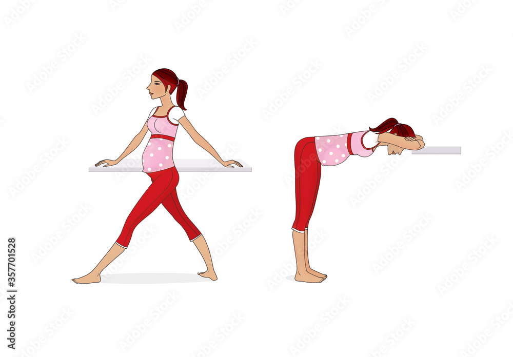 Yoga for pregnant women. Exercises at home. A pregnant woman is training. Isolated on a white background.