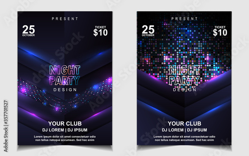 Night dance party music poster flyer layout design template background with neon light and dynamic style. Colorful electro style vector for concert disco, club party, event invitation, cover festival