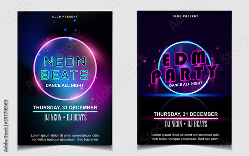 Night dance party music poster flyer layout design template background with neon light and dynamic style. Colorful electro style vector for concert disco, club party, event invitation, cover festival