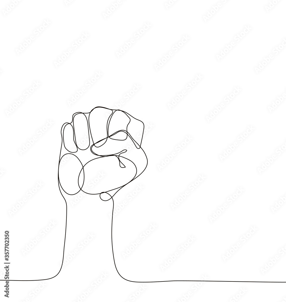 Fist hands up vector illustration. Concept of unity, revolution, fight, cooperation. Line art