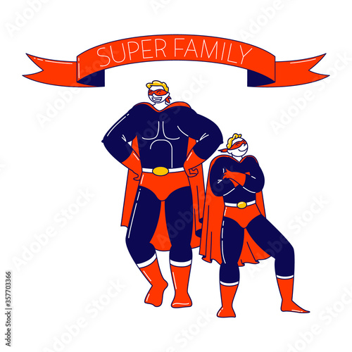 Superfamily, Parent and Child Relations Concept. Happy Family Dad and Son Characters in Superhero Costumes Posing and Demonstrate Power. School Theater Performance. Linear People Vector Illustration