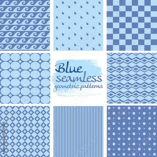 Set of blue seamless geometric patterns on white 3