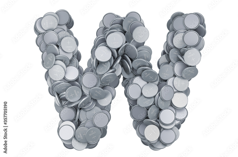 Letter W from button cells, 3D rendering Letter W from button cells, 3D rendering