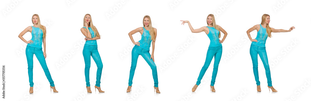 Beautiful girl in blue clothing isolated on white Beautiful girl in blue clothing isolated on white