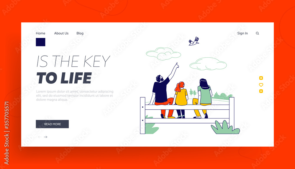 Parents with Kid Sparetime Landing Page Template. Happy Family Characters Mother, Father and Daughter Sit on Fence Rear View on Nature Looking on Birds Flying in Sky. Linear People Vector Illustration