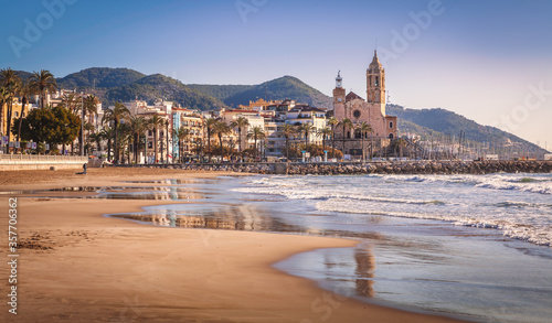 Sitges is a town near Barcelona in Catalunya, Spain. It is famous for its beaches and nightlife.