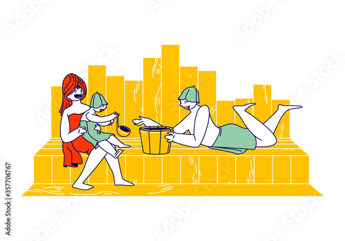 Happy Family with Kid Spend Time in Sauna Relaxing and Applying Hygiene Procedures. Mother, Father and Little Baby Characters Sit on Shelf with Scoop and Wood Basin. Linear People Vector Illustration