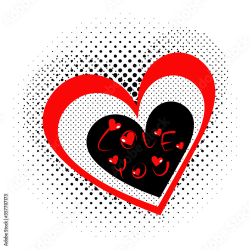Hearts on pop art halftone background lettering. I love you.
