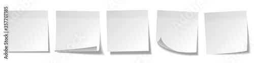 Realistic blank sticky notes isolated on white background. White sheets of note papers. Paper reminder. Vector illustration.