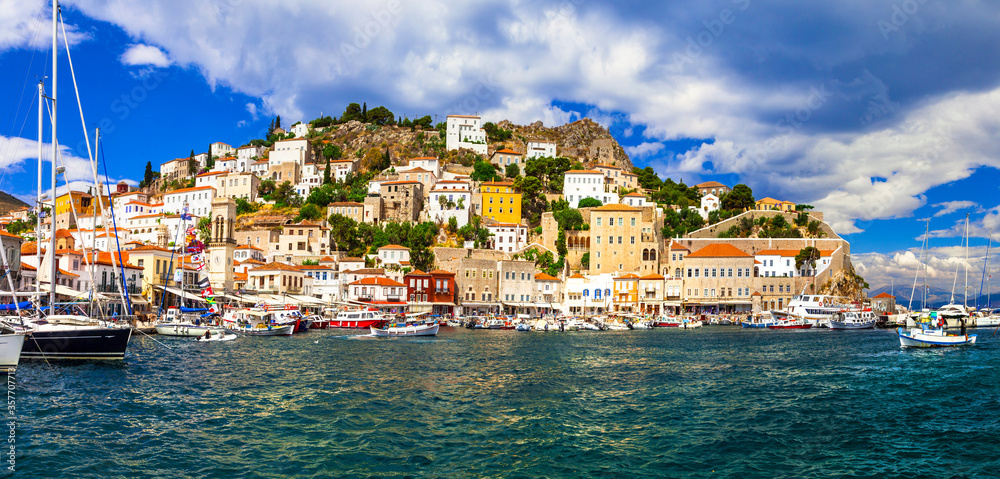 Beautiful Hydra island, Saronic gulf. Greece. popular tourist destination for summer holidays