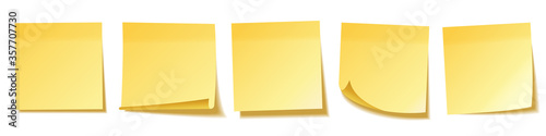 Realistic blank sticky notes isolated on white background. Yellow sheets of note papers. Paper reminder. Vector illustration.