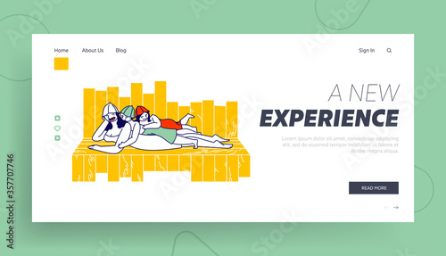 Family Relaxing in Sauna Landing Page Template. Mother with Kids Spend Time in Spa Apply Hygiene Procedures. .Characters Bathing, Children Lying on Mom Back at Shelf. Linear People Vector Illustration
