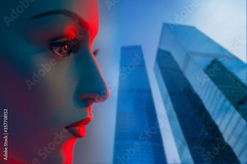 Woman's face near skyscrape...