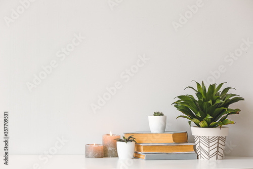 Green houseplants with aroma candles and books on table against light background