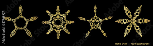 Gold metallic floral arabesque design element. Isolated decorative hand drawn foulard flower flourish. Lace damask embroidery style
