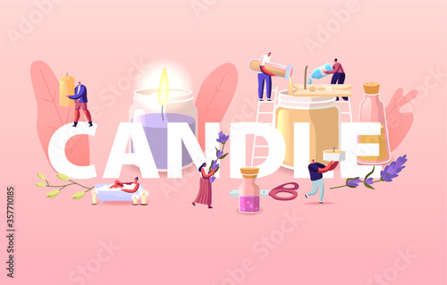 People Making and Use Candles at Home Concept. Characters with Various Ingredients Candle Wicks, Glass Jar, Wax, Herbs and Aroma Oil. Handmade Hobby Poster Banner Flyer. Cartoon Vector Illustration